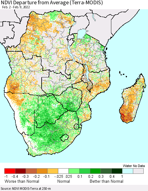 Southern Africa NDVI Departure from Average (Terra-MODIS) Thematic Map For 2/2/2022 - 2/9/2022