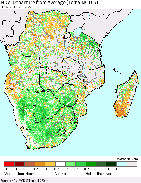 Southern Africa NDVI Departure from Average (Terra-MODIS) Thematic Map For 2/10/2022 - 2/17/2022