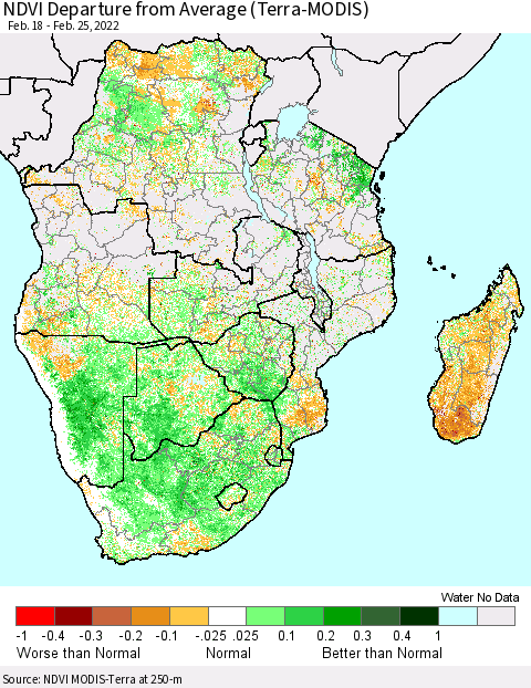 Southern Africa NDVI Departure from Average (Terra-MODIS) Thematic Map For 2/18/2022 - 2/25/2022