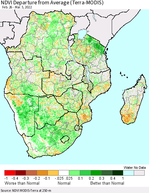 Southern Africa NDVI Departure from Average (Terra-MODIS) Thematic Map For 2/26/2022 - 3/5/2022