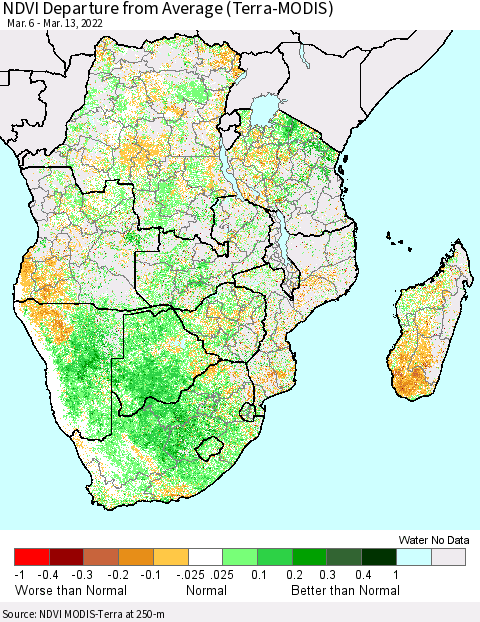 Southern Africa NDVI Departure from Average (Terra-MODIS) Thematic Map For 3/6/2022 - 3/13/2022