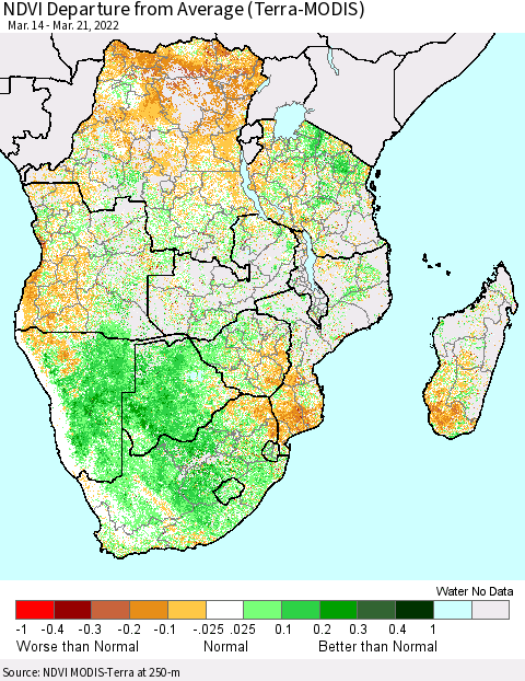 Southern Africa NDVI Departure from Average (Terra-MODIS) Thematic Map For 3/14/2022 - 3/21/2022