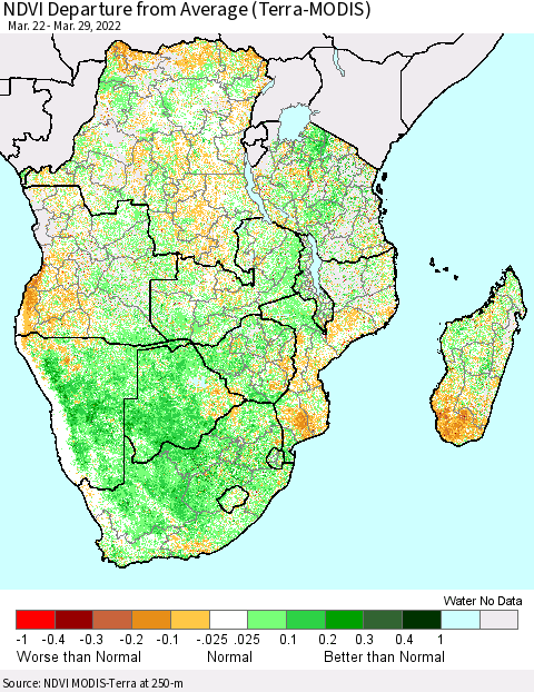 Southern Africa NDVI Departure from Average (Terra-MODIS) Thematic Map For 3/22/2022 - 3/29/2022