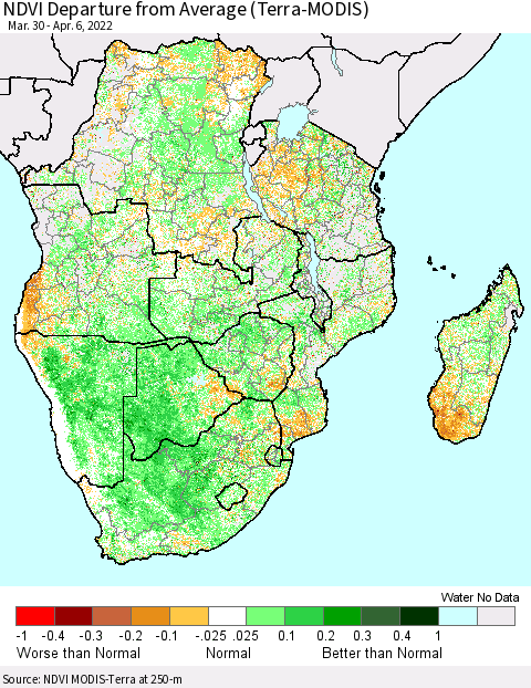 Southern Africa NDVI Departure from Average (Terra-MODIS) Thematic Map For 3/30/2022 - 4/6/2022