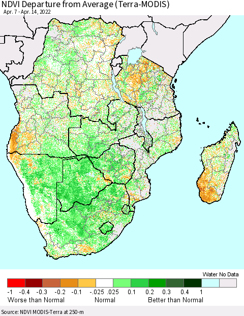 Southern Africa NDVI Departure from Average (Terra-MODIS) Thematic Map For 4/7/2022 - 4/14/2022
