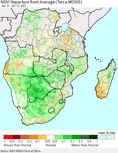 Southern Africa NDVI Departure from Average (Terra-MODIS) Thematic Map For 4/15/2022 - 4/22/2022