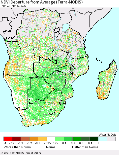 Southern Africa NDVI Departure from Average (Terra-MODIS) Thematic Map For 4/23/2022 - 4/30/2022