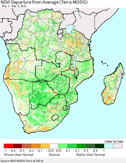Southern Africa NDVI Departure from Average (Terra-MODIS) Thematic Map For 5/1/2022 - 5/8/2022