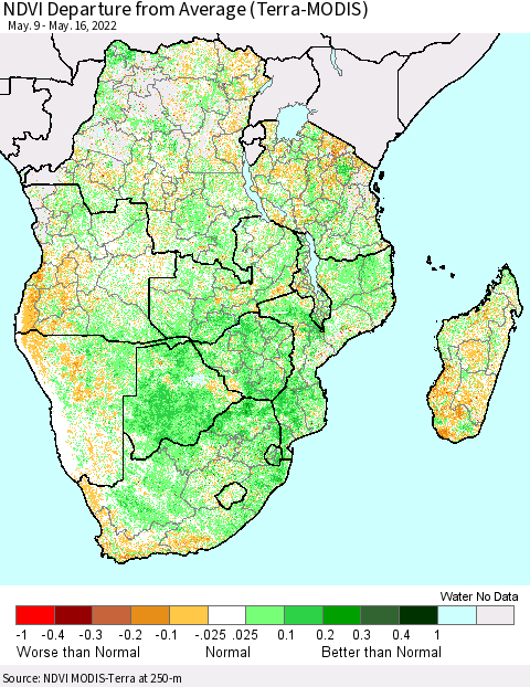 Southern Africa NDVI Departure from Average (Terra-MODIS) Thematic Map For 5/9/2022 - 5/16/2022