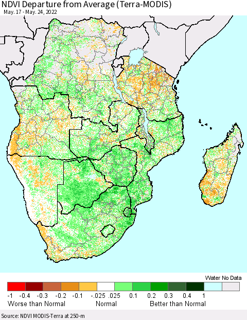 Southern Africa NDVI Departure from Average (Terra-MODIS) Thematic Map For 5/17/2022 - 5/24/2022
