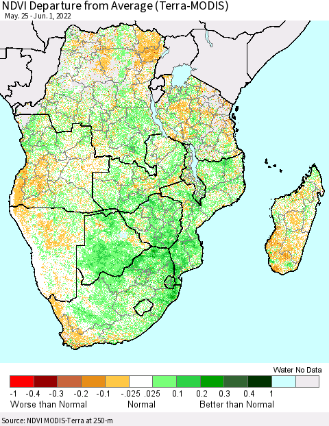 Southern Africa NDVI Departure from Average (Terra-MODIS) Thematic Map For 5/25/2022 - 6/1/2022