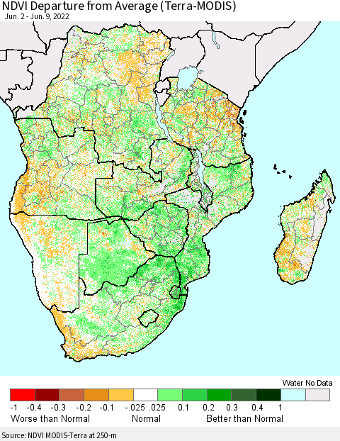 Southern Africa NDVI Departure from Average (Terra-MODIS) Thematic Map For 6/2/2022 - 6/9/2022