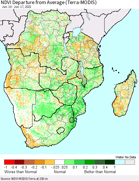 Southern Africa NDVI Departure from Average (Terra-MODIS) Thematic Map For 6/10/2022 - 6/17/2022