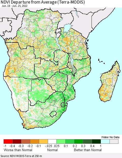 Southern Africa NDVI Departure from Average (Terra-MODIS) Thematic Map For 6/18/2022 - 6/25/2022