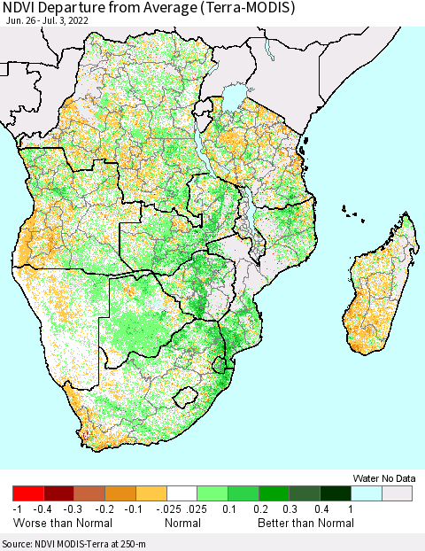 Southern Africa NDVI Departure from Average (Terra-MODIS) Thematic Map For 6/26/2022 - 7/3/2022
