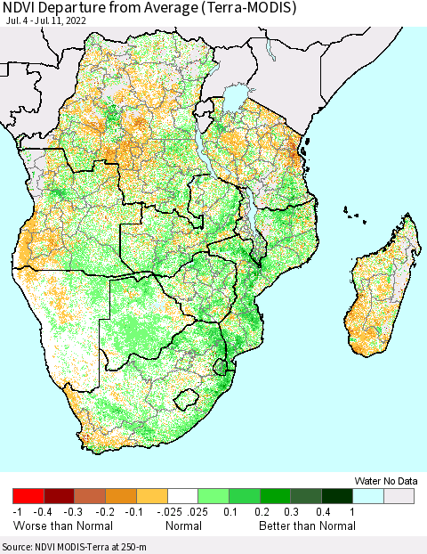Southern Africa NDVI Departure from Average (Terra-MODIS) Thematic Map For 7/4/2022 - 7/11/2022