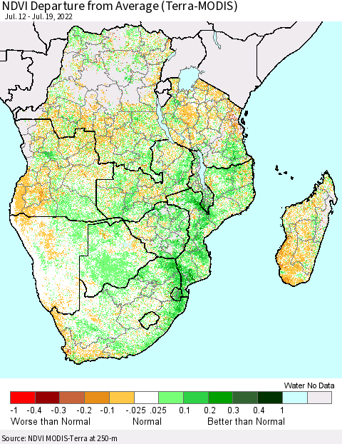 Southern Africa NDVI Departure from Average (Terra-MODIS) Thematic Map For 7/12/2022 - 7/19/2022