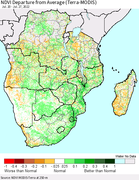 Southern Africa NDVI Departure from Average (Terra-MODIS) Thematic Map For 7/20/2022 - 7/27/2022