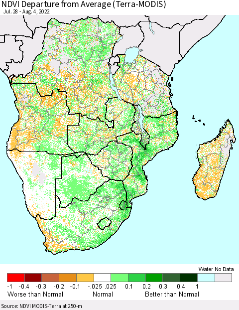 Southern Africa NDVI Departure from Average (Terra-MODIS) Thematic Map For 7/28/2022 - 8/4/2022