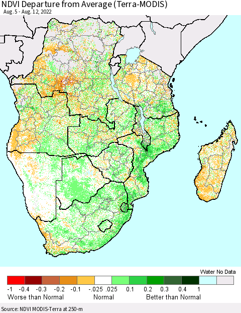 Southern Africa NDVI Departure from Average (Terra-MODIS) Thematic Map For 8/5/2022 - 8/12/2022