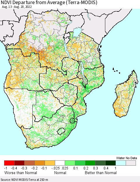 Southern Africa NDVI Departure from Average (Terra-MODIS) Thematic Map For 8/13/2022 - 8/20/2022