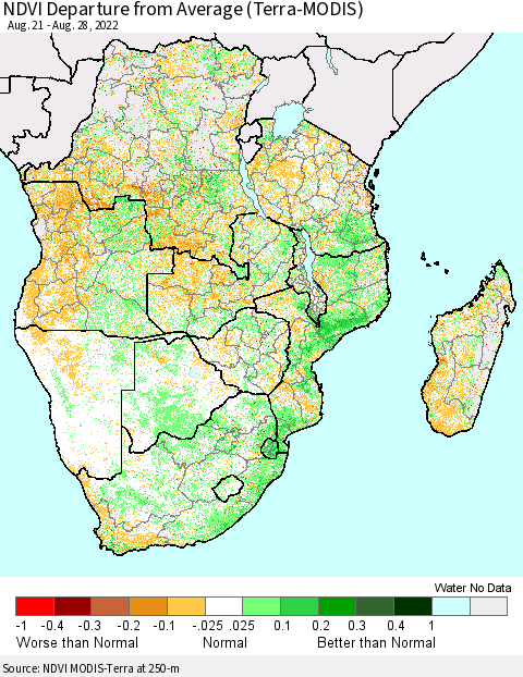 Southern Africa NDVI Departure from Average (Terra-MODIS) Thematic Map For 8/21/2022 - 8/28/2022
