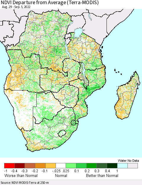 Southern Africa NDVI Departure from Average (Terra-MODIS) Thematic Map For 8/29/2022 - 9/5/2022