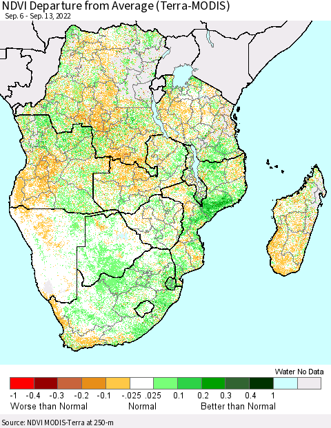 Southern Africa NDVI Departure from Average (Terra-MODIS) Thematic Map For 9/6/2022 - 9/13/2022