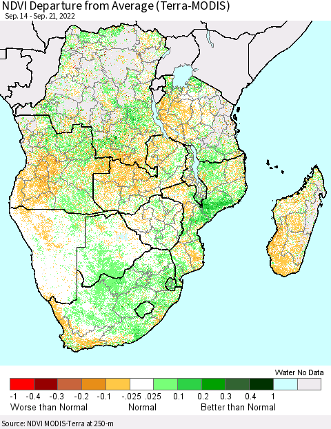 Southern Africa NDVI Departure from Average (Terra-MODIS) Thematic Map For 9/14/2022 - 9/21/2022