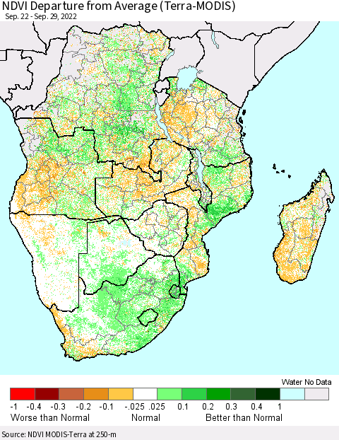 Southern Africa NDVI Departure from Average (Terra-MODIS) Thematic Map For 9/22/2022 - 9/29/2022