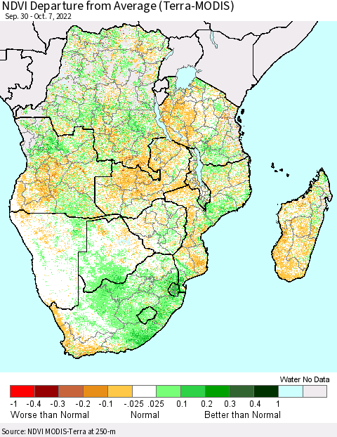 Southern Africa NDVI Departure from Average (Terra-MODIS) Thematic Map For 9/30/2022 - 10/7/2022