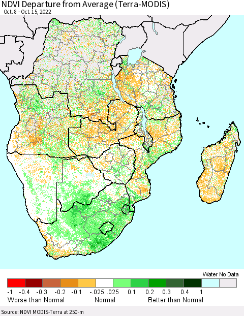 Southern Africa NDVI Departure from Average (Terra-MODIS) Thematic Map For 10/8/2022 - 10/15/2022
