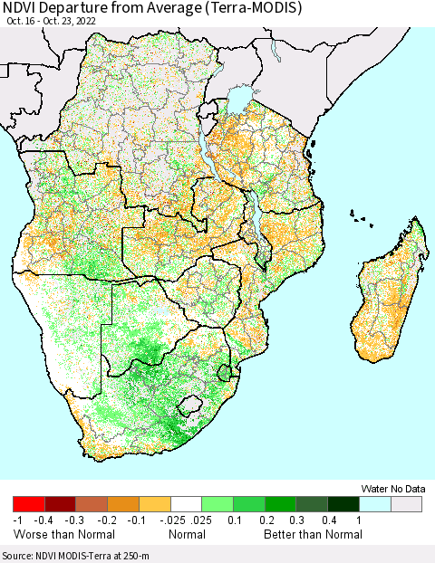Southern Africa NDVI Departure from Average (Terra-MODIS) Thematic Map For 10/16/2022 - 10/23/2022