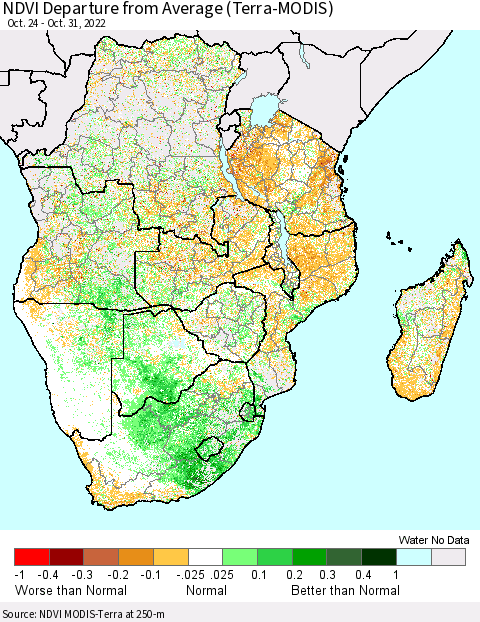 Southern Africa NDVI Departure from Average (Terra-MODIS) Thematic Map For 10/24/2022 - 10/31/2022