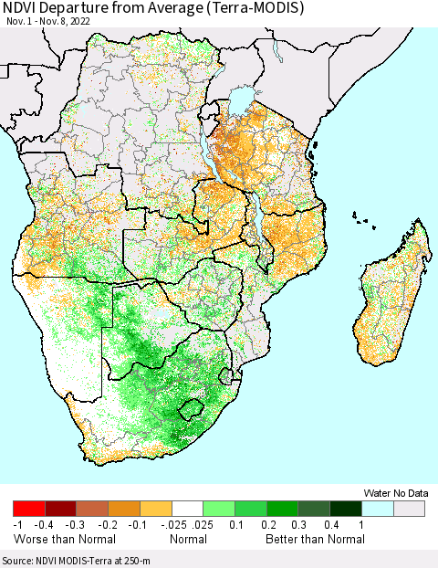 Southern Africa NDVI Departure from Average (Terra-MODIS) Thematic Map For 11/1/2022 - 11/8/2022