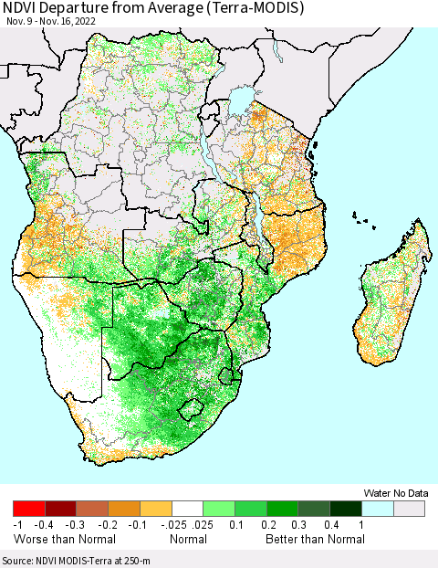 Southern Africa NDVI Departure from Average (Terra-MODIS) Thematic Map For 11/9/2022 - 11/16/2022