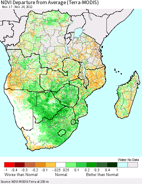 Southern Africa NDVI Departure from Average (Terra-MODIS) Thematic Map For 11/17/2022 - 11/24/2022