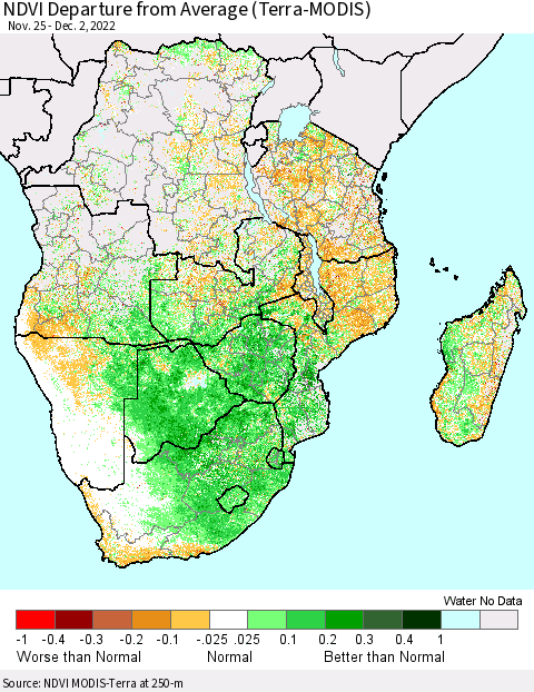 Southern Africa NDVI Departure from Average (Terra-MODIS) Thematic Map For 11/25/2022 - 12/2/2022