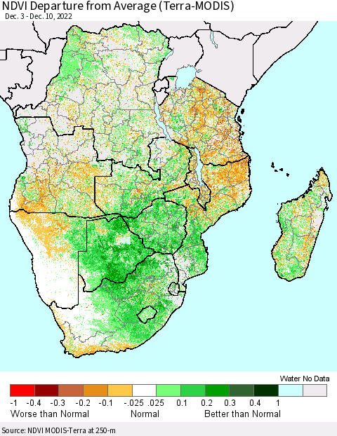 Southern Africa NDVI Departure from Average (Terra-MODIS) Thematic Map For 12/3/2022 - 12/10/2022
