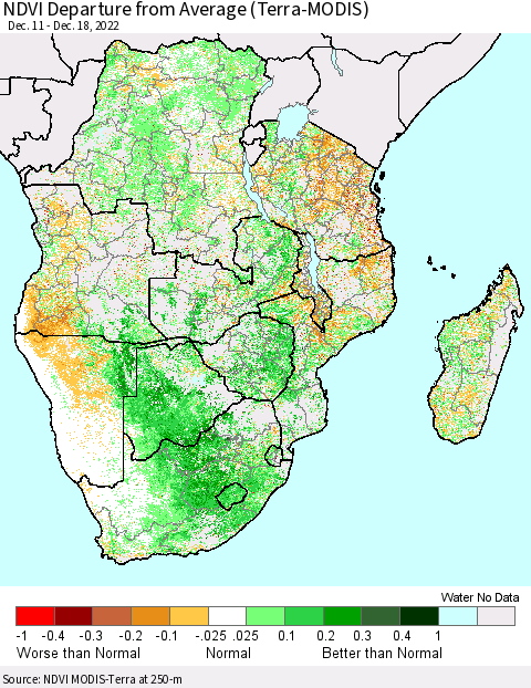 Southern Africa NDVI Departure from Average (Terra-MODIS) Thematic Map For 12/11/2022 - 12/18/2022
