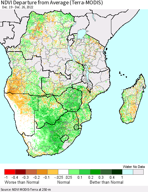 Southern Africa NDVI Departure from Average (Terra-MODIS) Thematic Map For 12/19/2022 - 12/26/2022