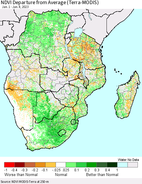 Southern Africa NDVI Departure from Average (Terra-MODIS) Thematic Map For 1/1/2023 - 1/8/2023