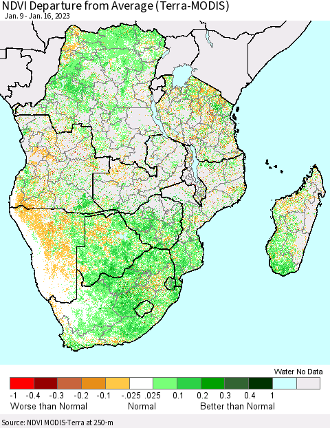 Southern Africa NDVI Departure from Average (Terra-MODIS) Thematic Map For 1/9/2023 - 1/16/2023