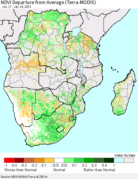 Southern Africa NDVI Departure from Average (Terra-MODIS) Thematic Map For 1/17/2023 - 1/24/2023