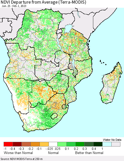 Southern Africa NDVI Departure from Average (Terra-MODIS) Thematic Map For 1/25/2023 - 2/1/2023