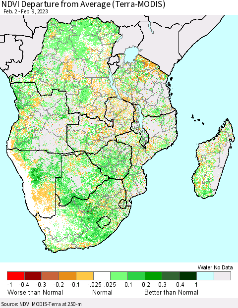 Southern Africa NDVI Departure from Average (Terra-MODIS) Thematic Map For 2/2/2023 - 2/9/2023