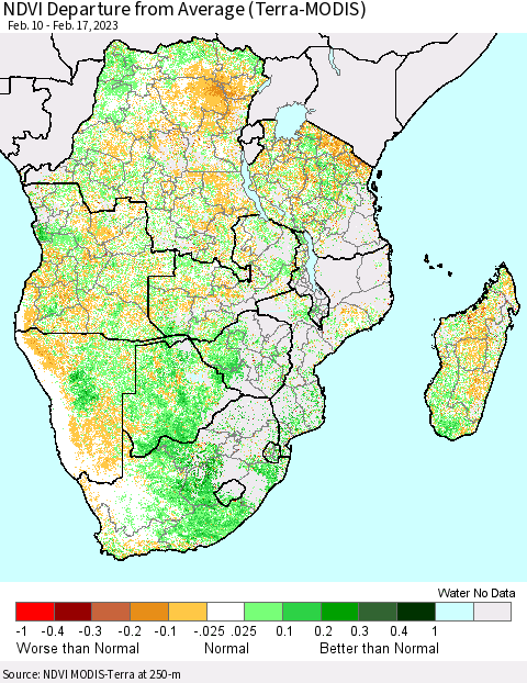 Southern Africa NDVI Departure from Average (Terra-MODIS) Thematic Map For 2/10/2023 - 2/17/2023