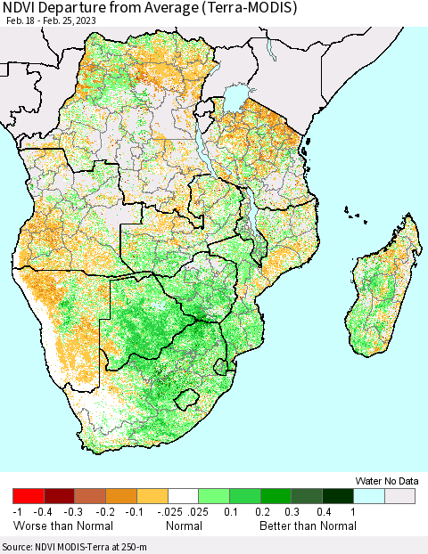 Southern Africa NDVI Departure from Average (Terra-MODIS) Thematic Map For 2/18/2023 - 2/25/2023