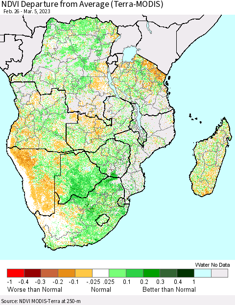 Southern Africa NDVI Departure from Average (Terra-MODIS) Thematic Map For 2/26/2023 - 3/5/2023