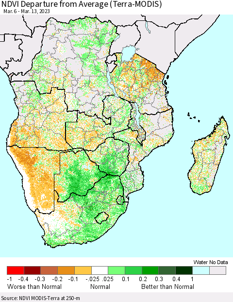 Southern Africa NDVI Departure from Average (Terra-MODIS) Thematic Map For 3/6/2023 - 3/13/2023